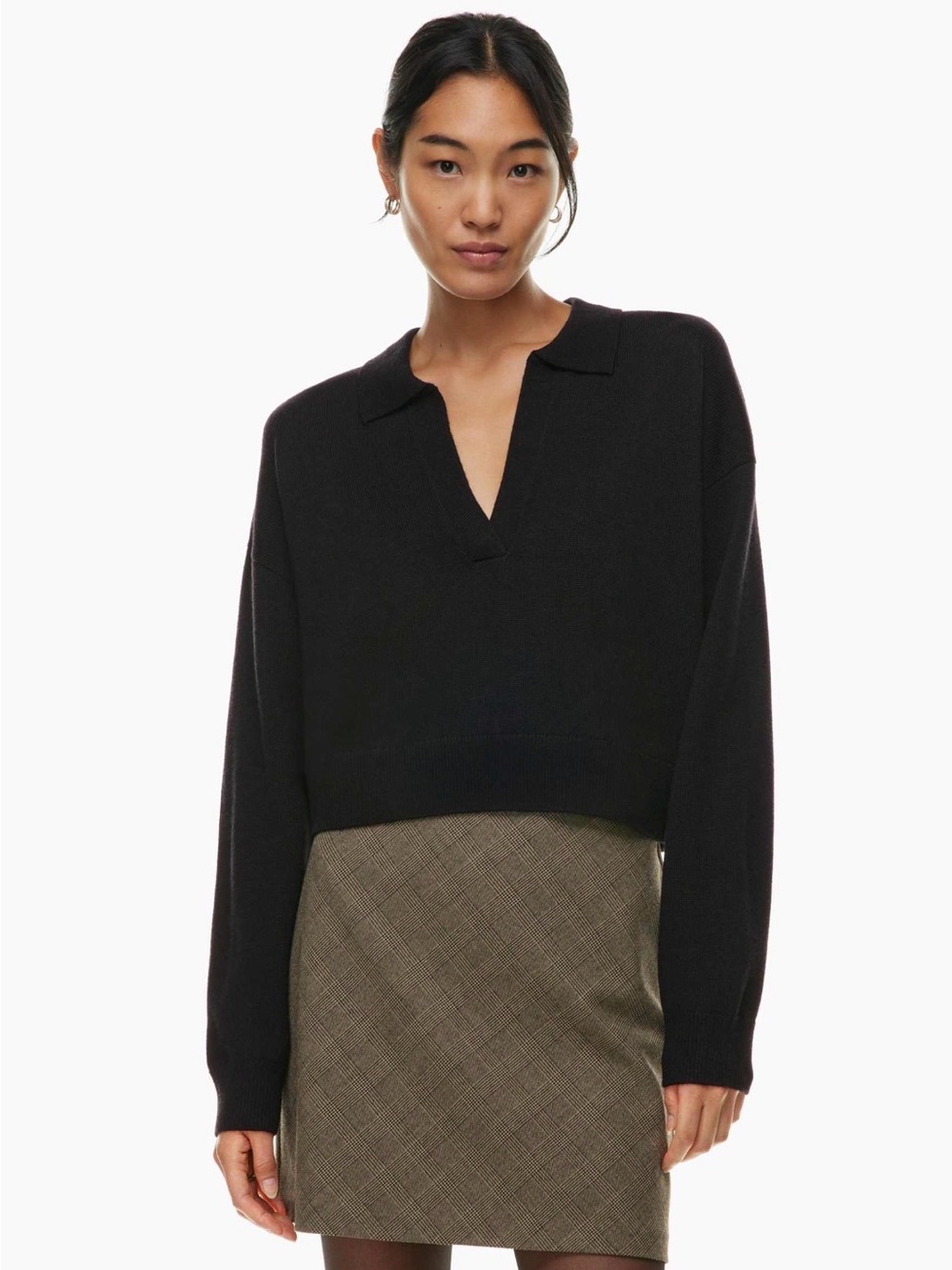 Aritzia Wilfred Cam Womens S Black Wool Polo Collar Cropped Sweater